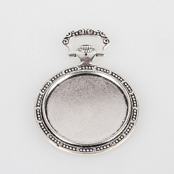 Antique Silver Vintage Tibetan Style Alloy Carved Floral Pattern Pendant Cabochon Bezel Settings, Cadmium Free & Lead Free, Antique Silver, Flat Round Tray: 35mm, 64x45x3mm, Hole: 5x15mm, about 50pcs/kg