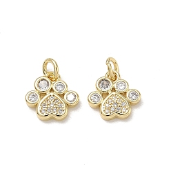 Real 18K Gold Plated Brass Micro Pave Clear Cubic Zirconia Charms, Paw Print Charms, Cadmium Free & Lead Free, Rack Plating, Long-Lasting Plated, Real 18K Gold Plated, 11x11.5x2.5mm, Hole: 3.5mm