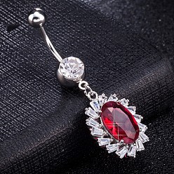 Rot Messing Zirkonia Nabel Ring, Bauchringe, mit 304 Edelstahlleiste, cadmiumfrei und bleifrei, ellipsenförmige, rot, 45 mm, Stange: 15 Spurweite(1.5mm), Stangenlänge: 3/8"(10mm)