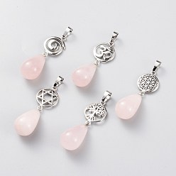 Розовый Кварц Чакра ювелирные изделия йога, природного розового кварца подвески, латунная фурнитура с платиновым покрытием, слеза и голос / символ ом / древо жизни / цветок жизни / звезда давида, 42~45 мм, отверстие : 8x5 мм