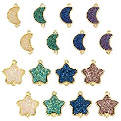Mixed Color Brass Links Connectors, with Druzy Resin, Golden, Star & Moon, Mixed Color, 16pcs/box