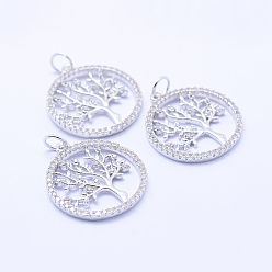 Платина Кулоны из экологически чистой латуни с микропаве и кубическим цирконием, плоские круглые с дерева жизни, без свинца, без никеля и без кадмия, платина, 22x19.5x2 мм, отверстие : 3 мм