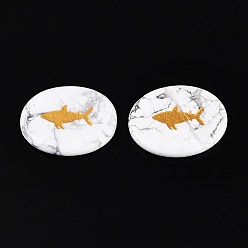 Говлит Природные кабошонов Говлит, овал с выгравированным золотым узором в виде акулы, 44~45.5x34~36x6~7.5 мм