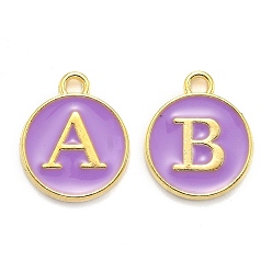 Medium Purple Initial Letter A~Z Alphabet Enamel Charms, Flat Round Disc Double Sided Charms, Golden Plated Enamelled Sequins Alloy Charms, Medium Purple, 14x12x2mm, Hole: 1.5mm, 26pcs/set