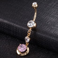 Pink Piercing-Schmuck, umweltfreundlicher Nabelring aus Zirkonoxid aus Messing, Bauchringe, mit 304 Edelstahlleiste, echt 18 k vergoldet, Runde, rosa, 48x11 mm, Stangenlänge: 3/8"(10mm), Stange: 14 Spurweite(1.6mm)