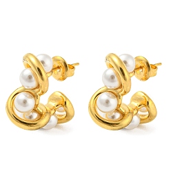 Golden Ion Plating(IP) 304 Stainless Steel Stud Earrings, with Plastic Imitation Pearl, Golden, 21.5x9mm