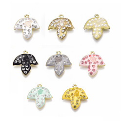 Mixed Color Alloy Pendants, with Gemstone and Rhinestone, Enamel, Leaf, Light Gold, Mixed Color, 20.5x20x4mm, Hole: 1.2mm
