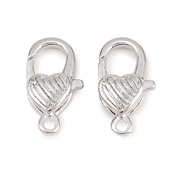 Real Platinum Plated Brass Lobster Claw Clasps, Heart, Real Platinum Plated, 12.5x7.5x3.5mm, Hole: 1.2mm