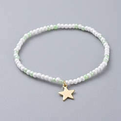 Lime Green Glass Seed Beaded Kids Stretch Bracelets, with Star Brass Charms, Lime Green, 2 inch(5cm)