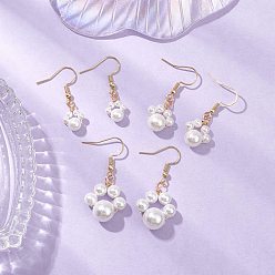 White Round Shell Pearl Beads Dangle Earrings, with 304 Stainless Steel Earring Hooks and Brass Wire Earrings, White, 41x18.5mm
