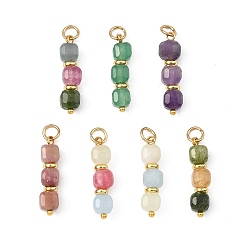 Golden Natural Mixed Gemstone Pendants, Faceted Cube Beaded Charms with Brass Loops, Mixed Dyed and Undyed, Golden, 23x6x5.5mm, Hole: 3mm