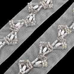 Floral White Polyester Leaf Lace Trims, with ABS Imitation Pearl Beads and Glass, Floral White, 1 inch(24mm)
