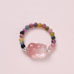 Турмалин Регулируемые кольца на палец из натуральных разноцветных турмалиновых бусин, Pi Xiu, стрейч-кольца, внутренний диаметр: 16.2~16.6 мм