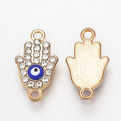 Light Gold Alloy Rhinestone Links connectors, Enamel Style, Hamsa Hand/Hand of Fatima/Hand of Miriam with Evil Eye, Blue, Light Gold, 18.5x10.5x2mm, Hole: 1.5mm