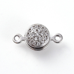 Platinum Brass Micro Pave Cubic Zirconia Links Connectors, Flat Round, Platinum, 14x7.5~8x6~6.5mm, Hole: 1mm