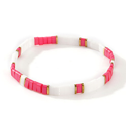 Ярко-Розовый Браслеты из стеклянного бисера в богемном стиле, эластичные, для женщин., прямоугольные, ярко-розовый, 6.30 дюйм (16 см) ~ 6.50 дюйм (16.5 см)