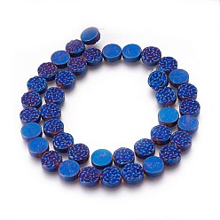 Blue Plated Electroplated Non-magnetic Synthetic Hematite Beads Strands, Frosted, Flat Round, Blue Plated, 10x4mm, Hole: 1mm, about 40pcs/strand, 15.94 inch(40.5cm)