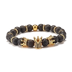 Lava Rock Round Natural Lava Rock Beaded Stretch Bracelet with Crown for Women, Golden, Inner Diameter: 2-1/4 inch(5.6cm)