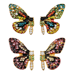 (52) Непрозрачная лаванда 2 пары 2 серьги-гвоздики из цветного сплава со стразами, бабочка, золотые, слева и справа, разноцветные, 23x17 мм, 1 пара / цвет