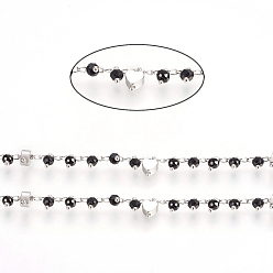 Черный Латунная витая цепочка для бордюров, с латунными бусинами и гранеными стеклянными бусинами, долговечный, пайки, с катушкой, сердце, чёрные, 2.5x1.5x0.5 мм, борт: 6x3.5 мм, сердце: 7.5x5x2.5 мм, около 32.8 футов (10 м) / рулон