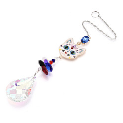 Cat Shape Подвесные украшения из сплава, Железная цепочка и стеклянные восьмиугольные бусины с кисточкой для украшения дома и сада, форма кошки, 310 мм, Кулон : 155x56 мм