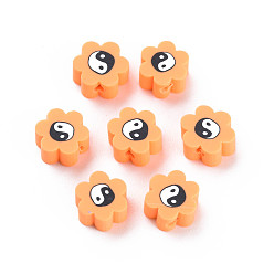 Dunkelorange Manuell Polymer Ton Perlen, für DIY Schmuck Bastelbedarf, Blume mit Yin-Yang, dunkelorange, 8~9x7.5~8.5x4~4.5 mm, Bohrung: 1.6~1.8 mm