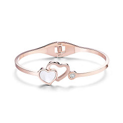 Rose Gold Gorgeous Stainless Steel Bangle, Double Hearts with Chromatic Conch, Rose Gold, 59mm