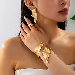 Golden Leaf Iron Cuff Bangles & Rings & Stud Earrings Sets for Women, Golden, Inner Diameter: 60mm