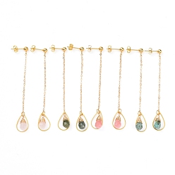 Смешанные камни Серьги-гвоздики с подвесками из натуральной и искусственной жемчужины, с 304 серьгами из нержавеющей стали, латунные кабельные цепи, связующие кольца и гайки, слеза, 74 мм, штифты : 0.8 мм