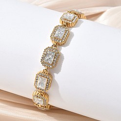Golden 304 Stainless Steel Full Rhinestone Rectangle Link Chain Bracelets, Ion Plating(IP), Golden, 6.77 inch(17.2cm)
