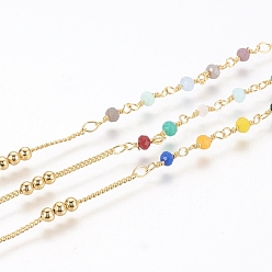 Colorful Brass Handmade Beaded Chain, Curb Chains, with Faceted Glass Bead, Long-Lasting Plated, Real 18K Gold Plated, Unwelded, with Spool, Colorful, 10x3mm, 45x2.8mm, about 32.8 Feet(10m)/roll