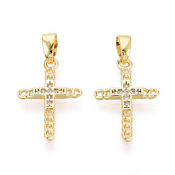 Настоящее золото 18K Латунные микропаве прозрачные подвески с фианитом, крест прелести, реальный 18 k позолоченный, 18x12.5x1.5 мм, отверстие : 4.5x2 мм