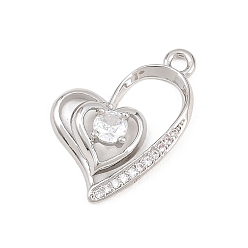 Платина Подвески из латуни с микро-паве ко Дню святого Валентина, прозрачные циркониевые подвески, сердце прелести, платина, 21x16x5 мм, отверстие : 1.6 мм
