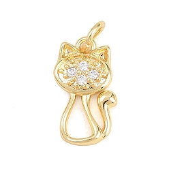 Настоящее золото 18K Латунные микропаве прозрачные подвески с фианитом, подвески в форме кошки, без кадмия и без свинца, реальный 18 k позолоченный, 15x9x2 мм, отверстие : 3.5 мм