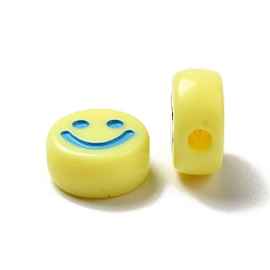 Mixed Color Opaque Acrylic Beads, Flat Round with Smiling Face Pattern, Mixed Color, 10x5mm, Hole: 2mm, about 1450pcs/500g