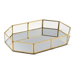 Прозрачный Стеклянный поднос зеркало, лоток для хранения, с позолоченным латунным краем, органайзер для косметических украшений, восьмиугольник, прозрачные, 31.3x21.6x4.9 см