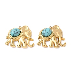 Бирюза Окрашенные синтетические бирюзовые подвески, Слон прелести, с вакуумным покрытием PVD 304 настройки из нержавеющей стали, реальный 18 k позолоченный, бирюзовые, 24x29x7 мм, отверстие : 1.5 мм