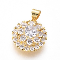 Golden Brass Micro Pave Cubic Zirconia Pendants, Flat Round with Flower, Clear, Golden, 16x14x7mm, Hole: 4.5x3.5mm