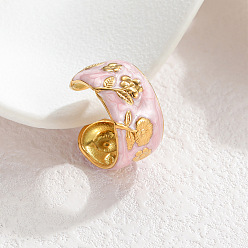 Pink 304 Открытые кольца из эмалированной нержавеющей стали, цветочным узором, золотые, розовые, 17 мм