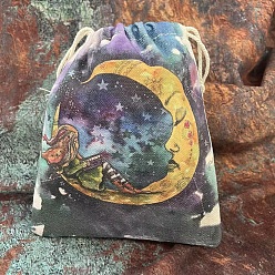 Moon Tarot Theme Canvas Cloth Packing Pouches Drawstring Bags, Rectangle, 15~18x13~14cm