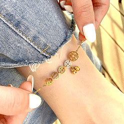 Золотой 304 браслеты на ногу из нержавеющей стали с цепочкой-монеткой и подвеской-колокольчиком, золотые, 7-7/8 дюйм (200 мм)