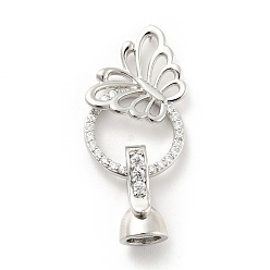 Platinum Butterfly with Ring Brass Micro Pave Clear Cubic Zirconia Fold Over Clasps, Cadmium Free & Lead Free, Platinum, Butterfly: 15x17.5x3mm, hole: 1mm, Clasp: 13x7x6mm, Inner Diameter: 4mm