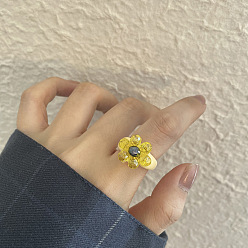 Желтый Ретро милые кольца из смолы и кварцевого кристалла, для девочек, цветок, желтые, внутренний диаметр: 16.5~18 мм