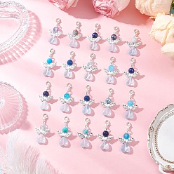 Синий 20шт стеклянные подвесные украшения, ангел в форме сердца, с застежками-карабинами из сплава и сплава, синие, 43 мм