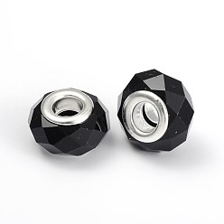 Black Glass European Beads, Large Hole Beads, Faceted, Black, with Iron Core in Silver Color, about 13mm wide, 10mm long, hole: 5mm