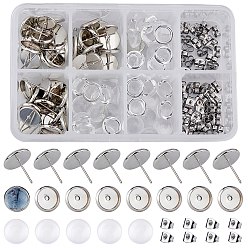 Platinum DIY Earring Making Kits, with Brass Stud Earring Settings, 10mm Transparent Clear Half Round Glass Cabochons and 304 Stainless Steel Ear Nuts, Platinum, 180pcs/set