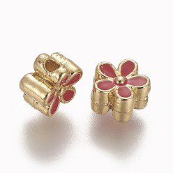 Red Brass Enamel Beads, Long-Lasting Plated, Flower, Real 18K Gold Plated, Red, 7x3.3mm, Hole: 1.6mm