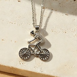 Bicycle Colliers pendentifs en laiton sertis de micro-pavés de zirconiums cubiques transparents sur le thème du sport, platine, vélo, 17.72 pouce (45 cm), pendentif: 25x25 mm