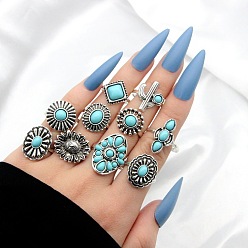 Античное Серебро 10шт. сплав с синтетической бирюзой кольца на палец, овал/цветок/ромб, античное серебро, внутренний диаметр: 14~18 мм