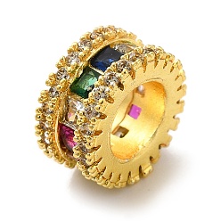 Золотой Плоские круглые латунные микропаве цветные кубические циркониевые европейские бусины, бусины с большим отверстием, долговечный, без кадмия и без свинца, золотые, 10x5 мм, отверстие : 5.5 мм